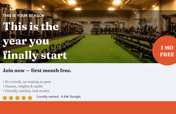 Gym postcard template — a first-month-free membership offer