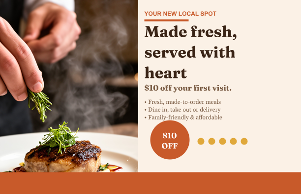 Restaurant postcard template — a dinner offer over a plated dish