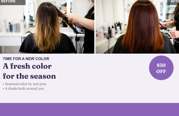 Hair salon postcard template — a seasonal color before-and-after
